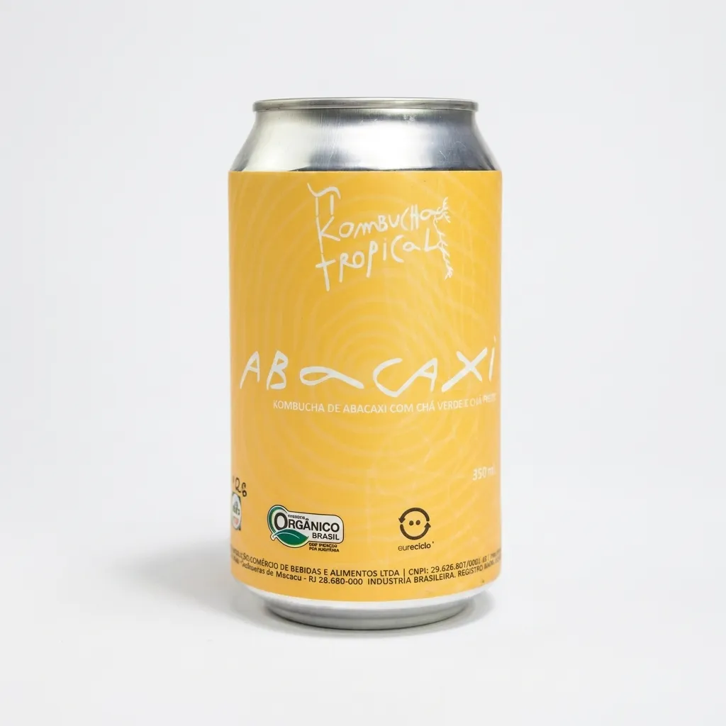 Lata 350ml da Pi Kombucha Tropical, sabor Abacaxi