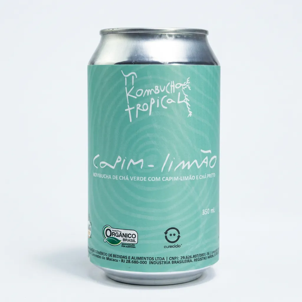 Lata 350ml da Pi Kombucha Tropical, sabor Capim Limão