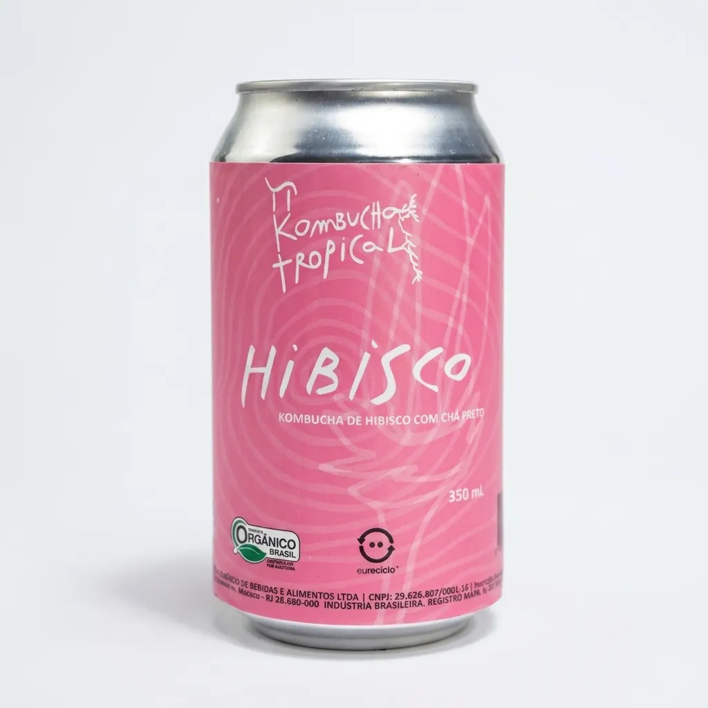 Lata 350ml da Pi Kombucha Tropical, sabor Hibisco