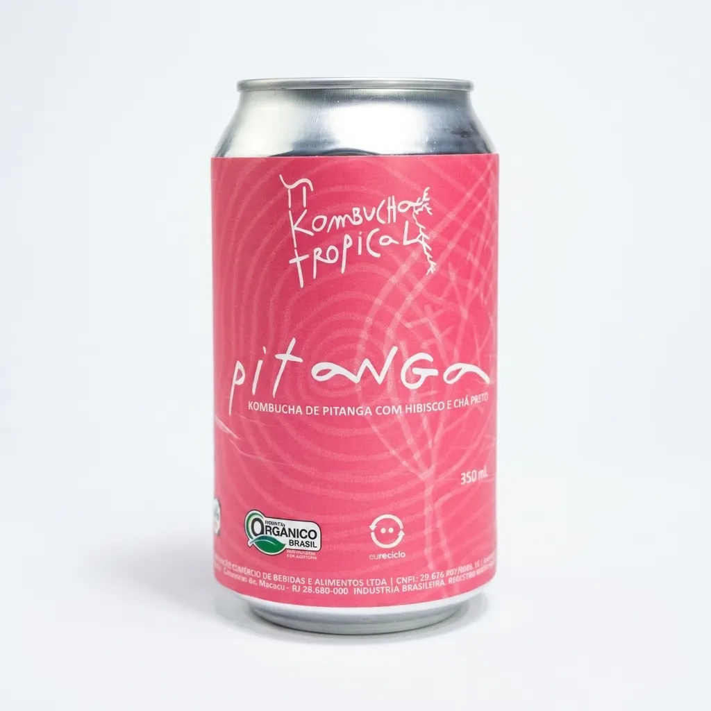 Lata 350ml da Pi Kombucha Tropical, sabor Pitanga